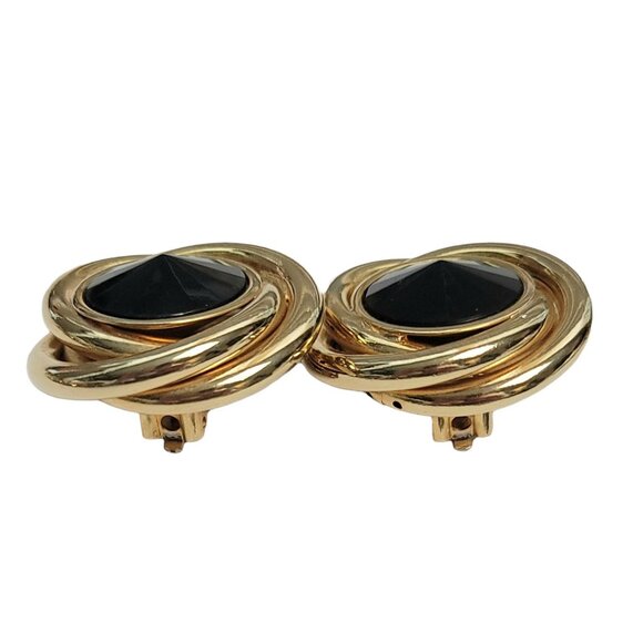 Kirk's Folly Gold Tone Black Lucite Rivoli Clip On Earrings, Signed - Picture 4 of 9